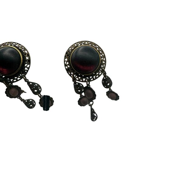 Vintage Bohemian Dangle Earrings Pink Plum Beads Ornate Gold Tone Design - Picture 5 of 6